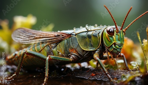  a close up of a grasshopper insect on a piece of wood with water droplets on it's wings. © Jevjenijs