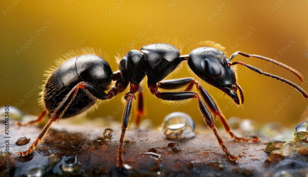 a close up of a black ant with drops of water on it's back legs and a yellow background. a close up of a black ant with drops of water on it's back legs and a yellow background.