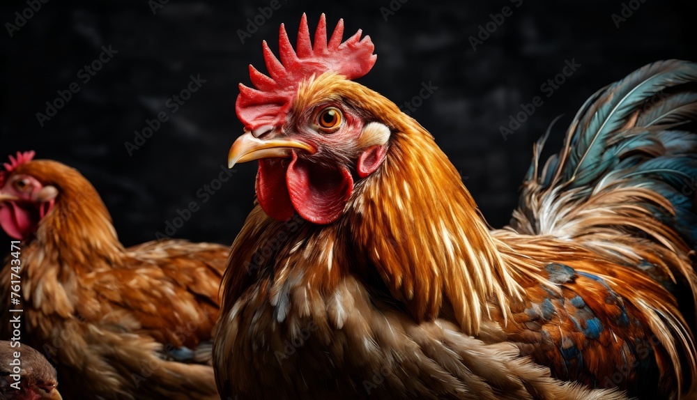  a group of chickens standing next to each other on top of a wooden floor in front of a black background.
