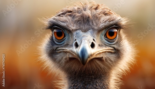  a close up of an ostrich's face with a blurry background of grass and trees in the background.
