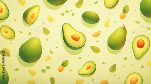 Green avocado with leaves pattern on light background. AI generate illustration