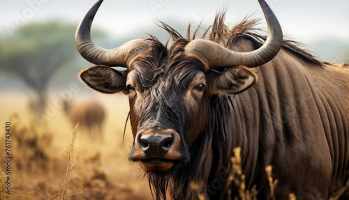  a close up of a bull in a field of tall grass with other animals in the distance in the background.