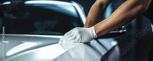 Close-up of a man's hand using a white microfiber cloth to polish a shiny white car © Michal