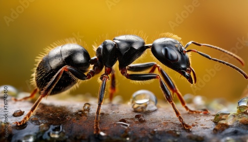  a close up of a black ant with drops of water on it's back legs and a yellow background. © Jevjenijs