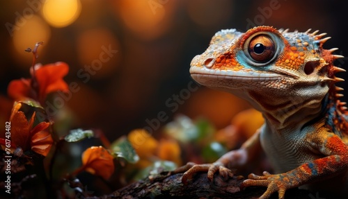  a close up of a lizard on a branch with flowers in the foreground and blurry lights in the background. © Jevjenijs
