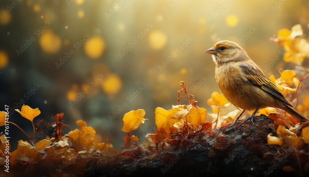  a bird sitting on top of a tree branch next to a bunch of yellow and red leaves on the ground.