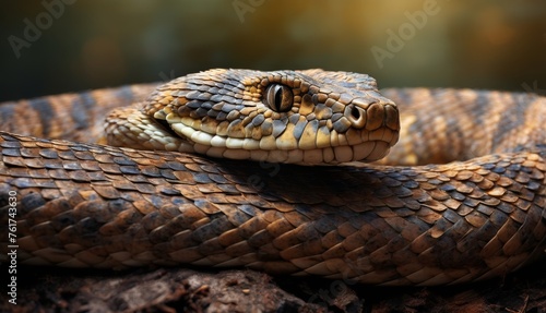  a close up of a snake's head on top of a piece of wood with a blurry background.