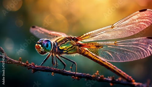  a close up of a dragonfly sitting on a twig on a twig with a blurry background. © Jevjenijs