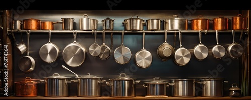 shiny stainless steel pots and pans in a professional restaurant kitchen setting © Michal