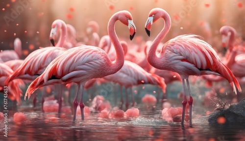  a group of flamingos standing in a body of water with their beaks in the shape of a heart.