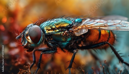 a close up of a fly sitting on top of a leaf filled field of grass next to a body of water.