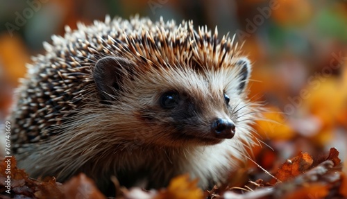  a close up of a hedgehog in a pile of leaves with a blue eye on it s face.