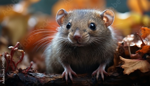  a close up of a rodent on a tree branch with leaves in the foreground and a blurry background.