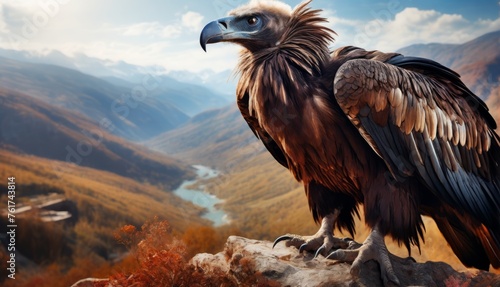  a large bird sitting on top of a rock next to a body of water and a valley in the background.