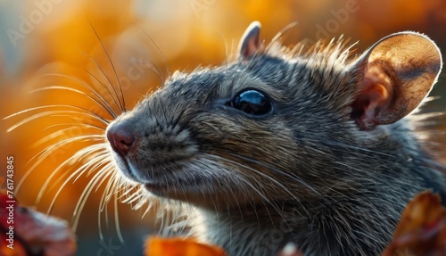  a close up of a small rodent with a leaf in the foreground and a tree in the background.