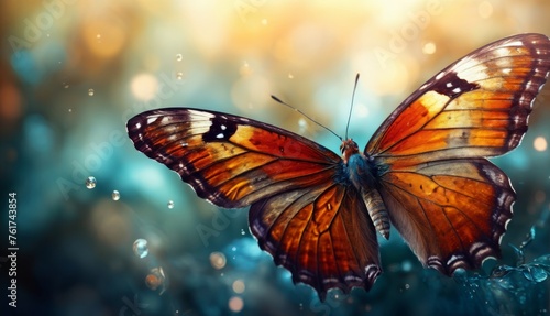  a close up of a butterfly flying in the air with drops of water on the ground and a blurry background.