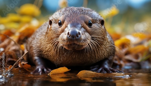  a close up of an otter in a body of water with leaves on the ground and yellow flowers in the background.