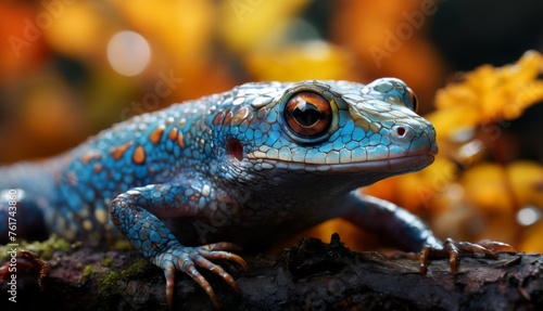  a close up of a blue and orange lizard on a tree branch with yellow leaves in the background and a blurry background.