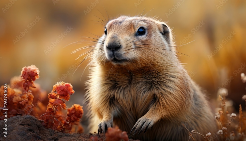 a small rodent standing on its hind legs in front of a field of grass and flowers with a blurry background. a small rodent standing on its hind legs in front of a field of grass and flowers with a blurry background.