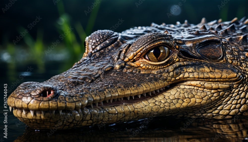 a close up of a large alligator's head in a body of water with green grass in the background. a close up of a large alligator's head in a body of water with green grass in the background.