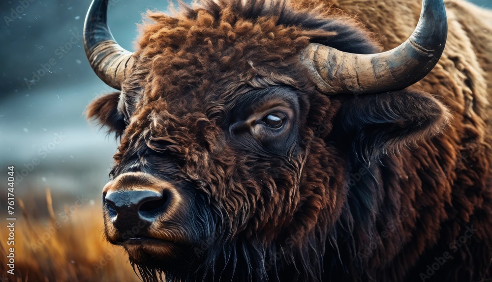 a close up of a bison's face in a field of tall grass with snow falling on the ground. a close up of a bison's face in a field of tall grass with snow falling on the ground.