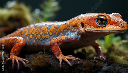  a close up of a small orange and blue gecko on a rock with moss and plants in the background.