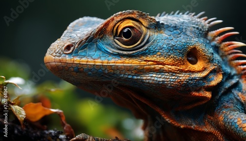  a close up of a lizard s face with leaves in the foreground and a blurry background in the background.