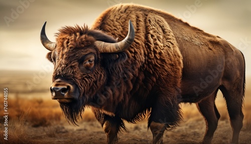  a bison with large horns standing in a dry grass field with a cloudy sky in the background and brown grass in the foreground.