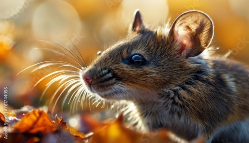  a close up of a small rodent in a field of leaves with the sun shining on it s face.