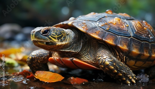  a close up of a turtle on the ground with leaves on the ground and a blurry background behind it.