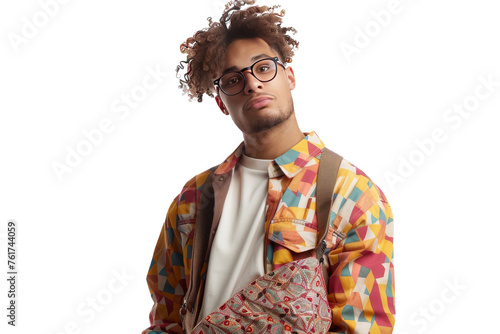 A man with glasses sporting a vibrant and colorful jacket