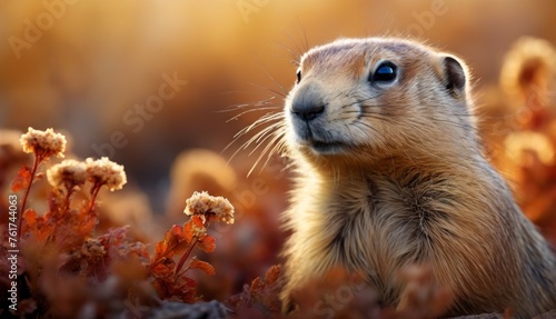  a close up of a small animal in a field of grass with flowers in the foreground and a blurry background. © Jevjenijs