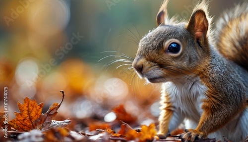  a close up of a squirrel with a leaf in the foreground and a blurry background of leaves in the foreground. © Jevjenijs