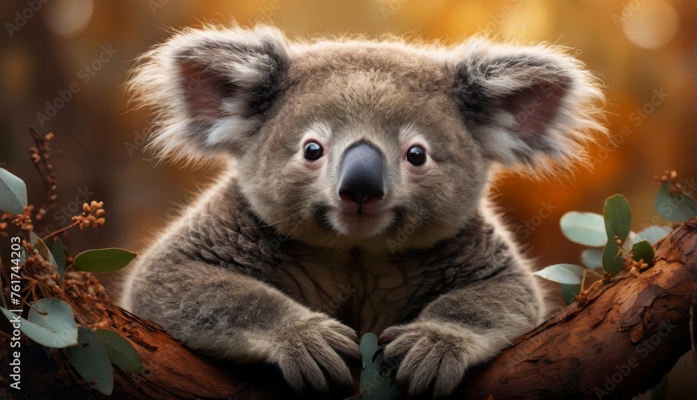  a close up of a koala sitting on a tree branch with leaves in the foreground and a blurry background.