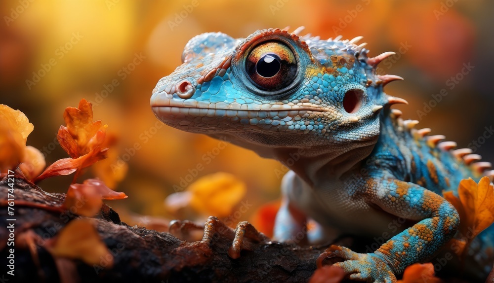 a close up of a blue and orange lizard on a branch with leaves in the foreground and a blurry background. a close up of a blue and orange lizard on a branch with leaves in the foreground and a blurry background.