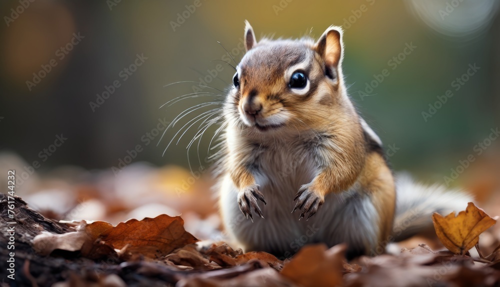 a small squirrel standing on its hind legs in a pile of leaves and looking at the camera with a curious look on its face. a small squirrel standing on its hind legs in a pile of leaves and looking at the camera with a curious look on its face.