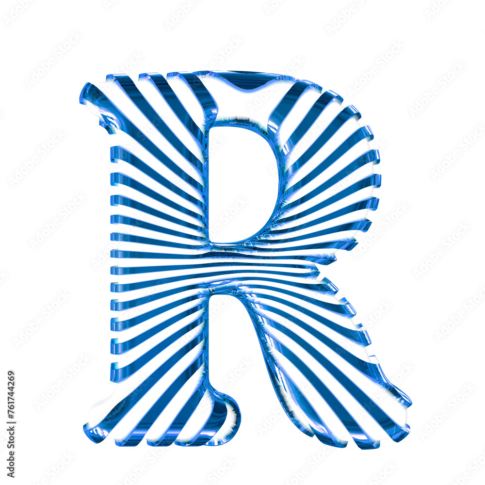 White symbol with blue ultra thin horizontal straps. letter r White symbol with blue ultra thin horizontal straps. letter r
