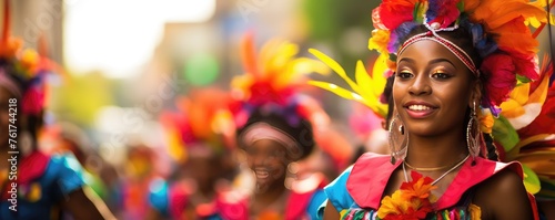 Group of people in festive celebrate with dance during a street carnival parade