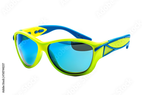 Blue and yellow sunglasses standing on a white surface