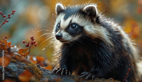  a close up of a raccoon on a tree branch with leaves in the foreground and a blurry background.