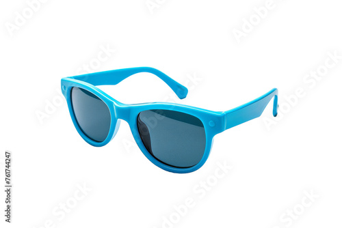 A vibrant pair of blue sunglasses sitting elegantly on a crisp white background
