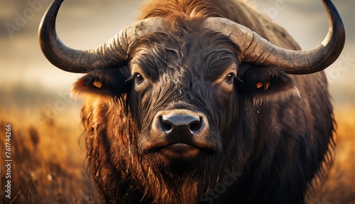  a close up of a bull with large horns in a field of tall grass with a cloudy sky in the background.