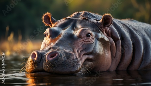  a close up of a hippopotamus in a body of water with it's head above the water's surface. © Jevjenijs