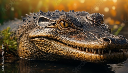  a close up of an alligator's head on a body of water with grass and flowers in the background.