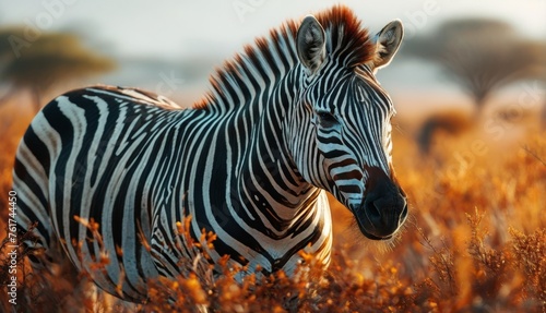  a close up of a zebra in a field of tall grass with other zebras in the distance in the background. © Jevjenijs