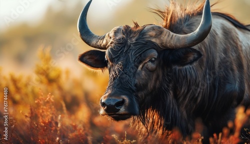  a close up of a bull with long horns in a field of tall grass with trees and bushes in the background.