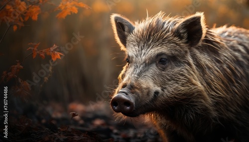  a close up of a wild boar in a wooded area with autumn leaves on the ground and trees in the background. © Jevjenijs