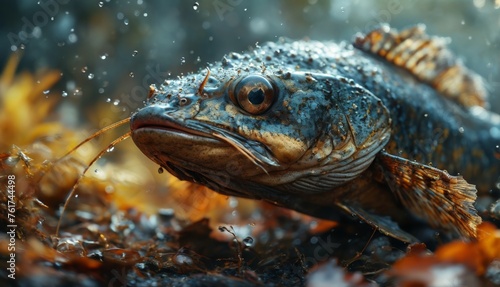  a close up of a fish in a body of water with water droplets on it's face and body.