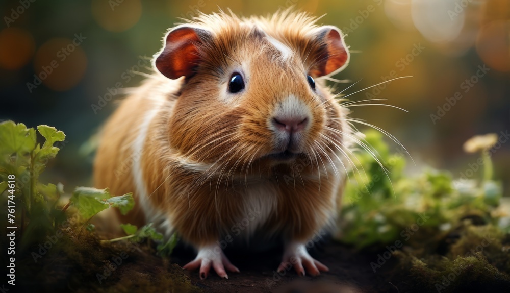 a close up of a brown and white hamster on a patch of grass with a blurry background of leaves. a close up of a brown and white hamster on a patch of grass with a blurry background of leaves.