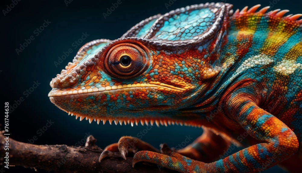 a close up of a colorful chamelon on a branch with a black back ground and a blue back ground. a close up of a colorful chamelon on a branch with a black back ground and a blue back ground.